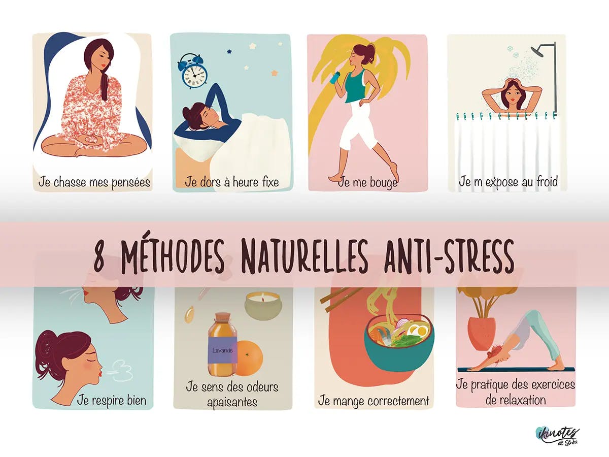 Infographie montrant huit méthodes simples et naturelles pour lutter contre le stress