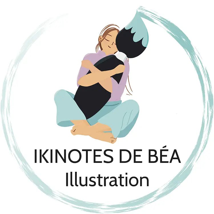 Logo ikinotes de Béa, illustration de Béatrice qui sert un pinceau géant dans ses bras qui forme un cercle de peinture autour d'elle