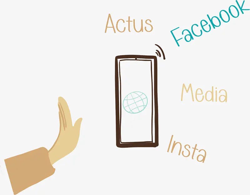Dessin d'une main qui indique stop aux réseaux sociaux et à l'actualité, représentés par un téléphone mobile, le symbole d'internet et des médias.