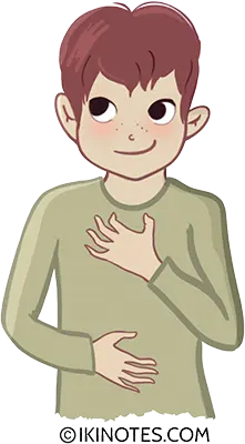 Dessin d'un enfant en pull vert qui pose sa main droite sur le nombril et la gauche en forme de U juste en dessous des clavicules