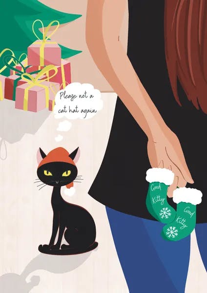 Femme cache des chaussettes dans son dos en cadeau pour chat noir qui porte un bonnet rouge
