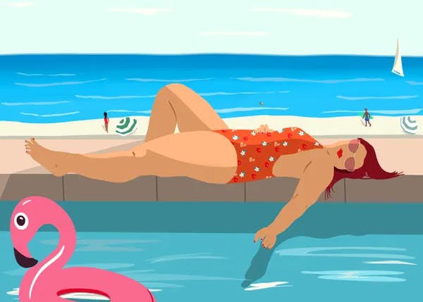 Illustration d'une femme en maillot de bain rouge allongée au bord d'une piscine sur laquelle flotte une bouée flamand rose avec la mer dans le fond