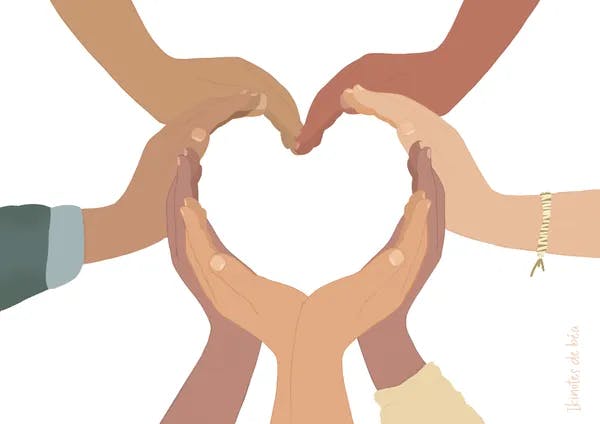 Illustration de main d'enfants, de différentes nationalités, joignant leur mains pour former un coeur
