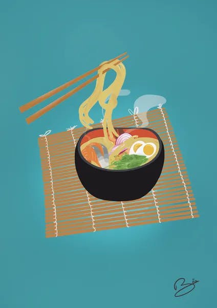 Affiche sur fond bleu d'un bol noir de ramens encore fumant posé sur une natte à sushis et des nouilles tenues par des baguettes