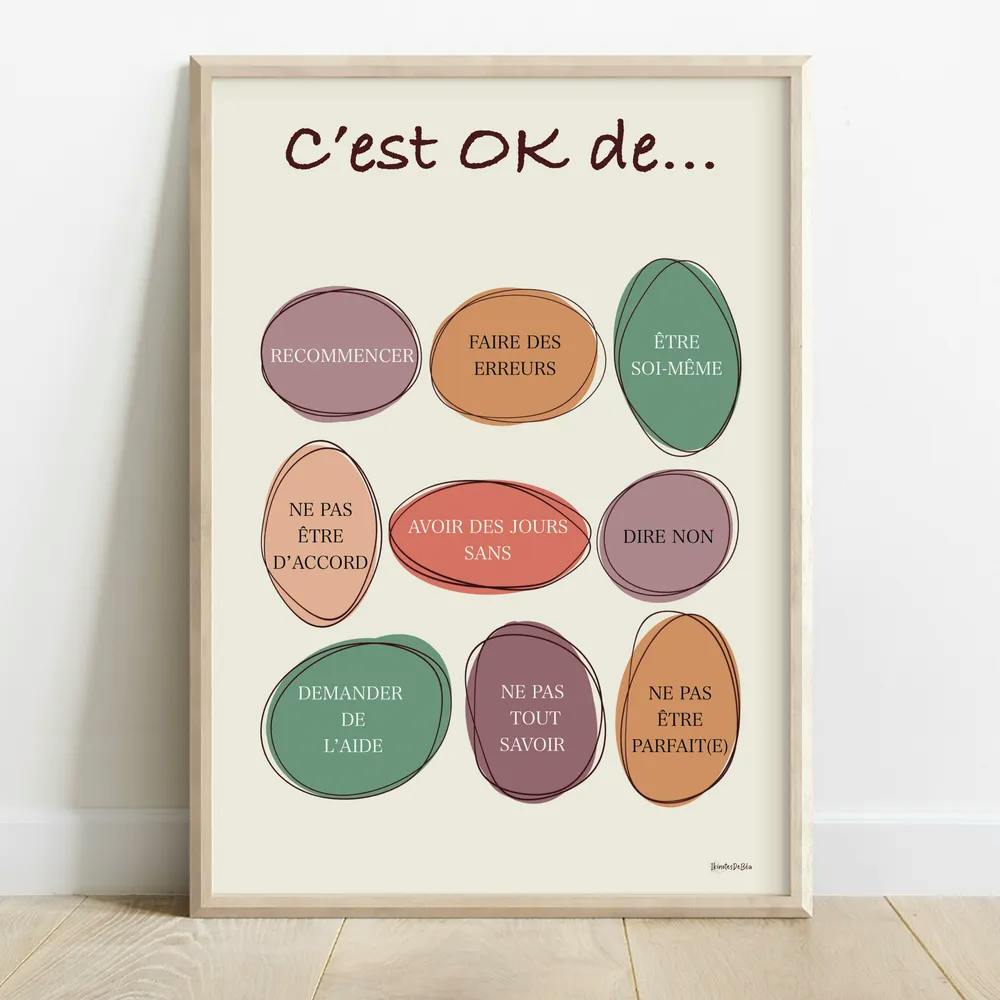 Infographie composée de 9 ovales irréguliers de couleur pastel avec une liste de messages de ce qu'il est OK de faire