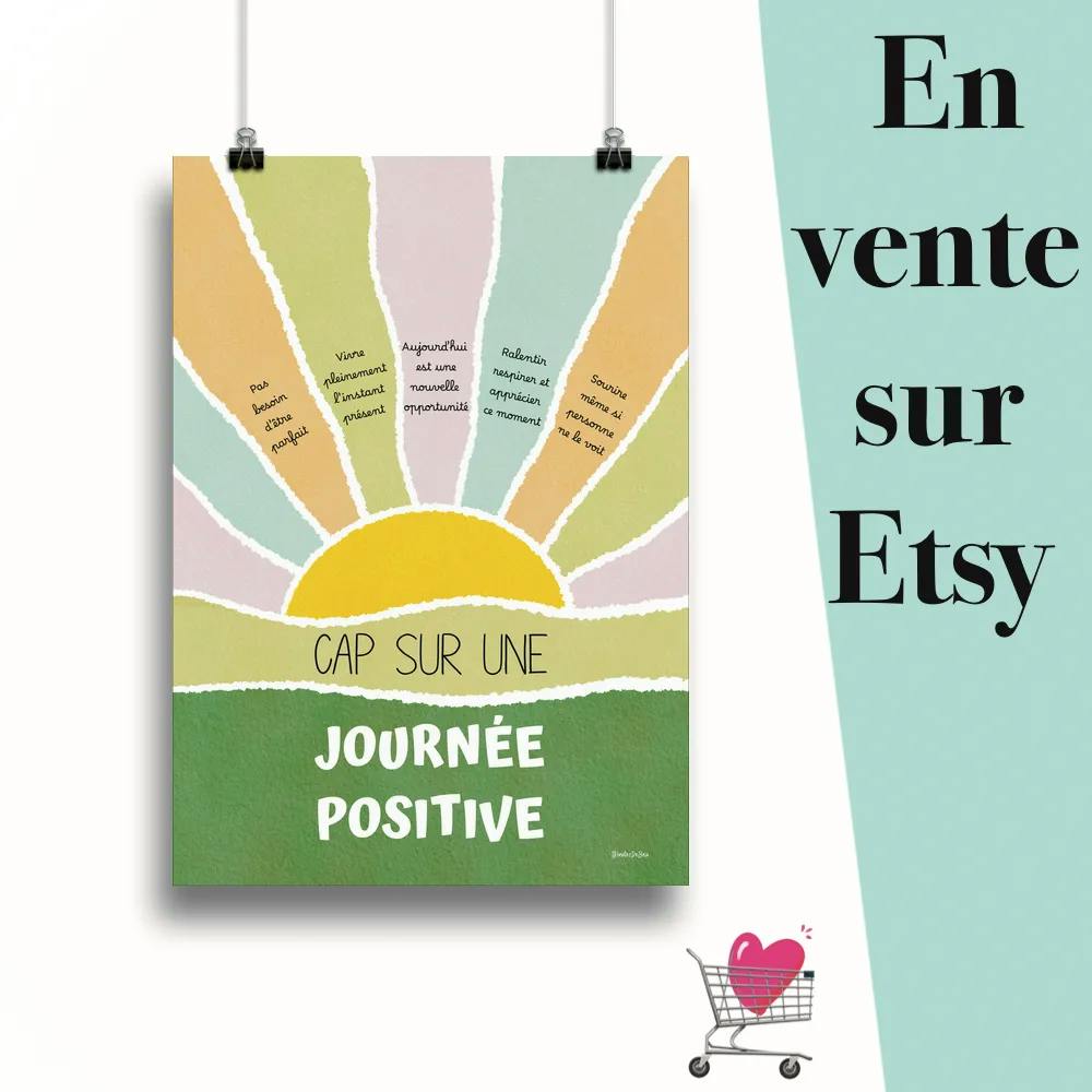 Affiche "Cap sur une journée positive aqua spring" suspendu par des pinces avec le message en vente sur Etsy
