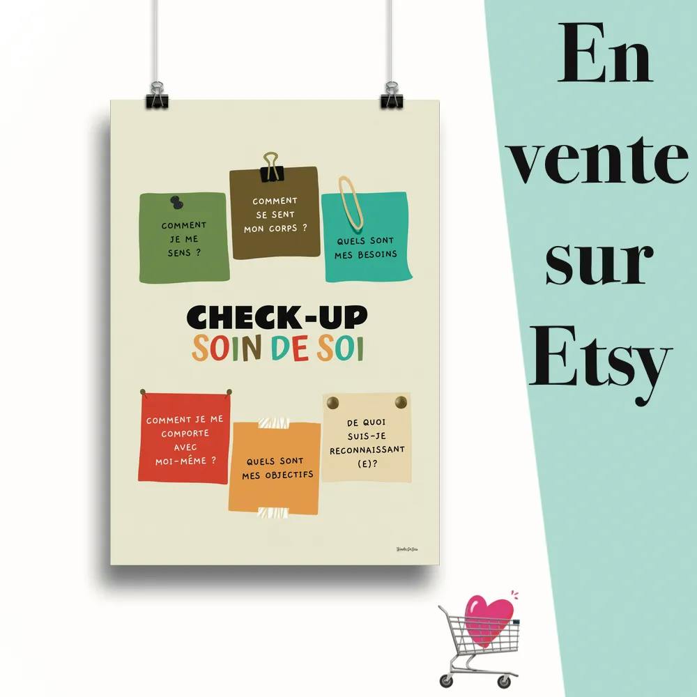 Affiche "Check-up soin de soi rétro" suspendu par des pinces avec le message en vente sur Etsy