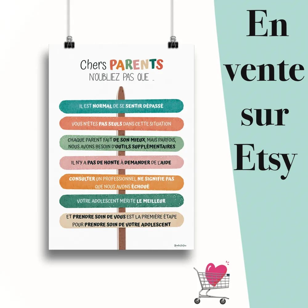 Affiche "Chers parents" suspendu par des pinces avec le message en vente sur Etsy