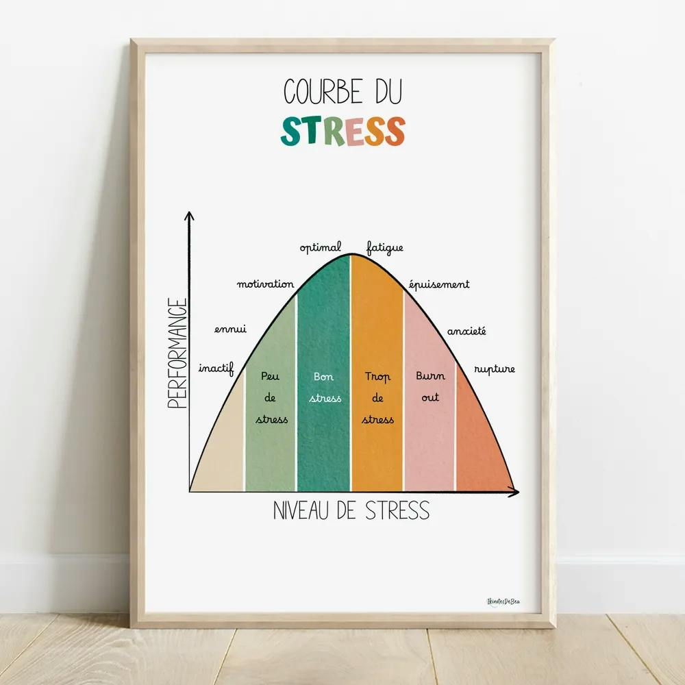 Infographie de la courbe des différentes phases du stress et son impact sur la performance jusqu'au burn out illustrée aux couleurs aqua boho