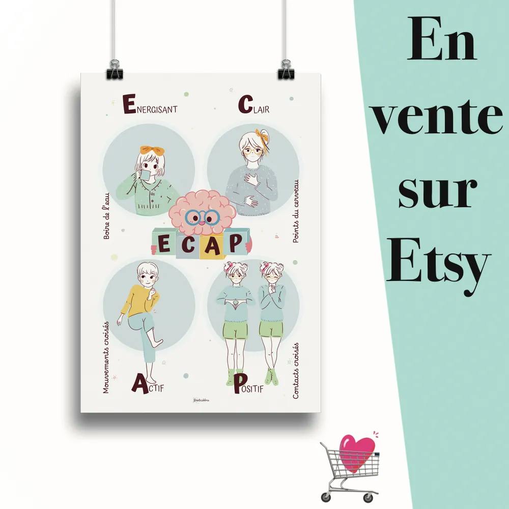 Affiche "Poster de Brain Gym®, Affiche kinésiologie ECAP pastel" suspendu par des pinces avec le message en vente sur Etsy