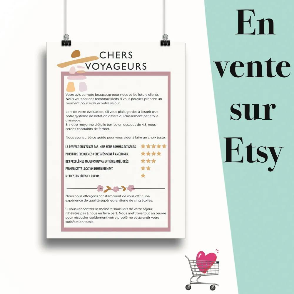 Affiche "Guide d'évaluation Airbnb rose francais" suspendu par des pinces avec le message en vente sur Etsy