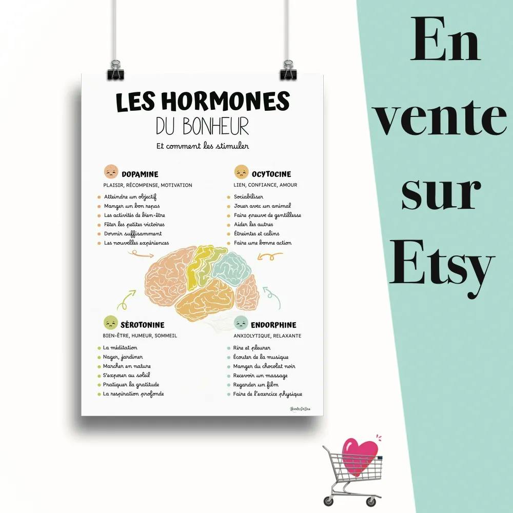 Affiche "Les hormones du bonheur et comment les stimuler aqua spring" suspendu par des pinces avec le message en vente sur Etsy