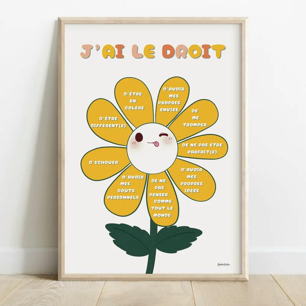 Illustration d'une fleur kawai jaune qui sourit et tire la langue, chaque pétale contient un message différent