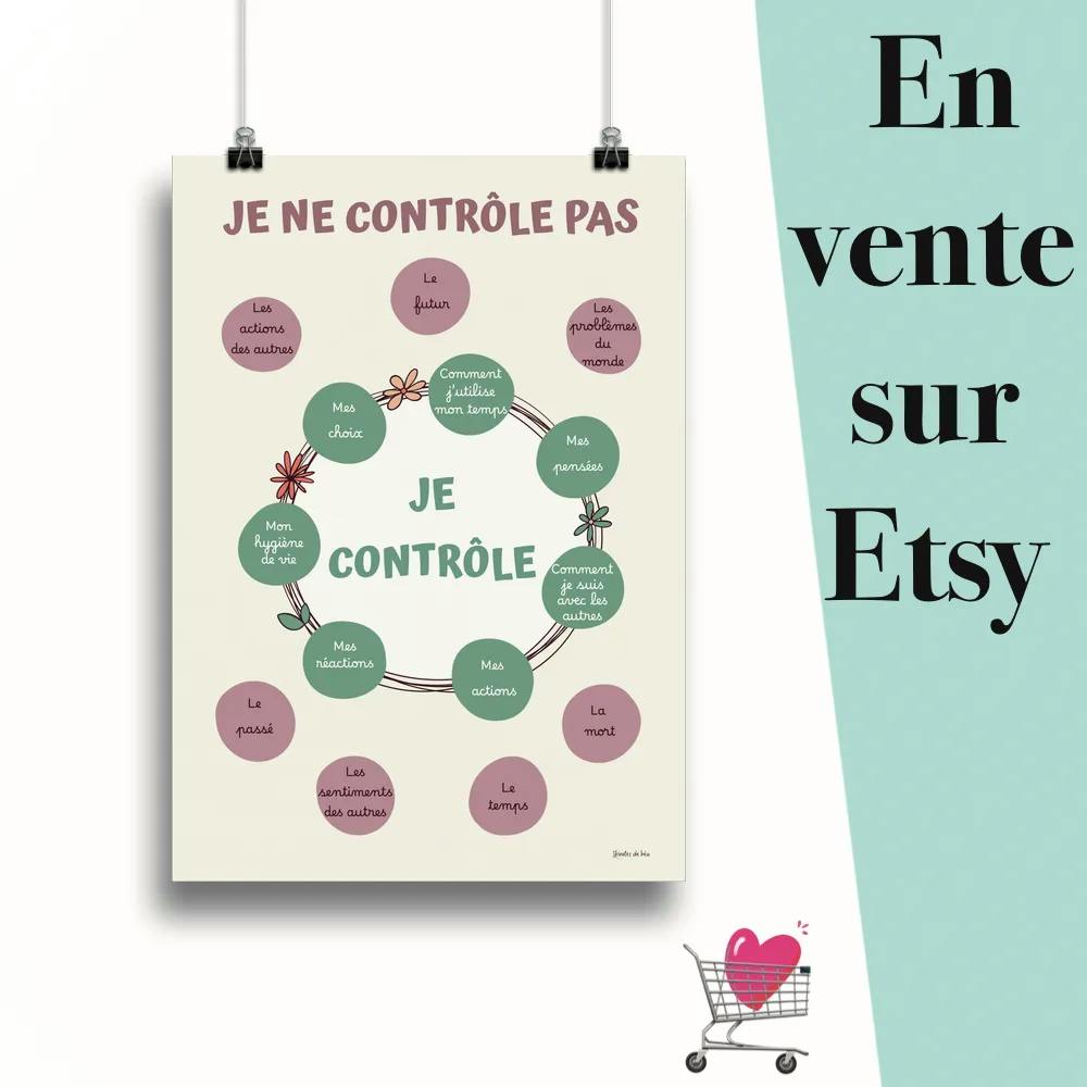 Affiche "Je ne contrôle pas pastel" suspendu par des pinces avec le message en vente sur Etsy