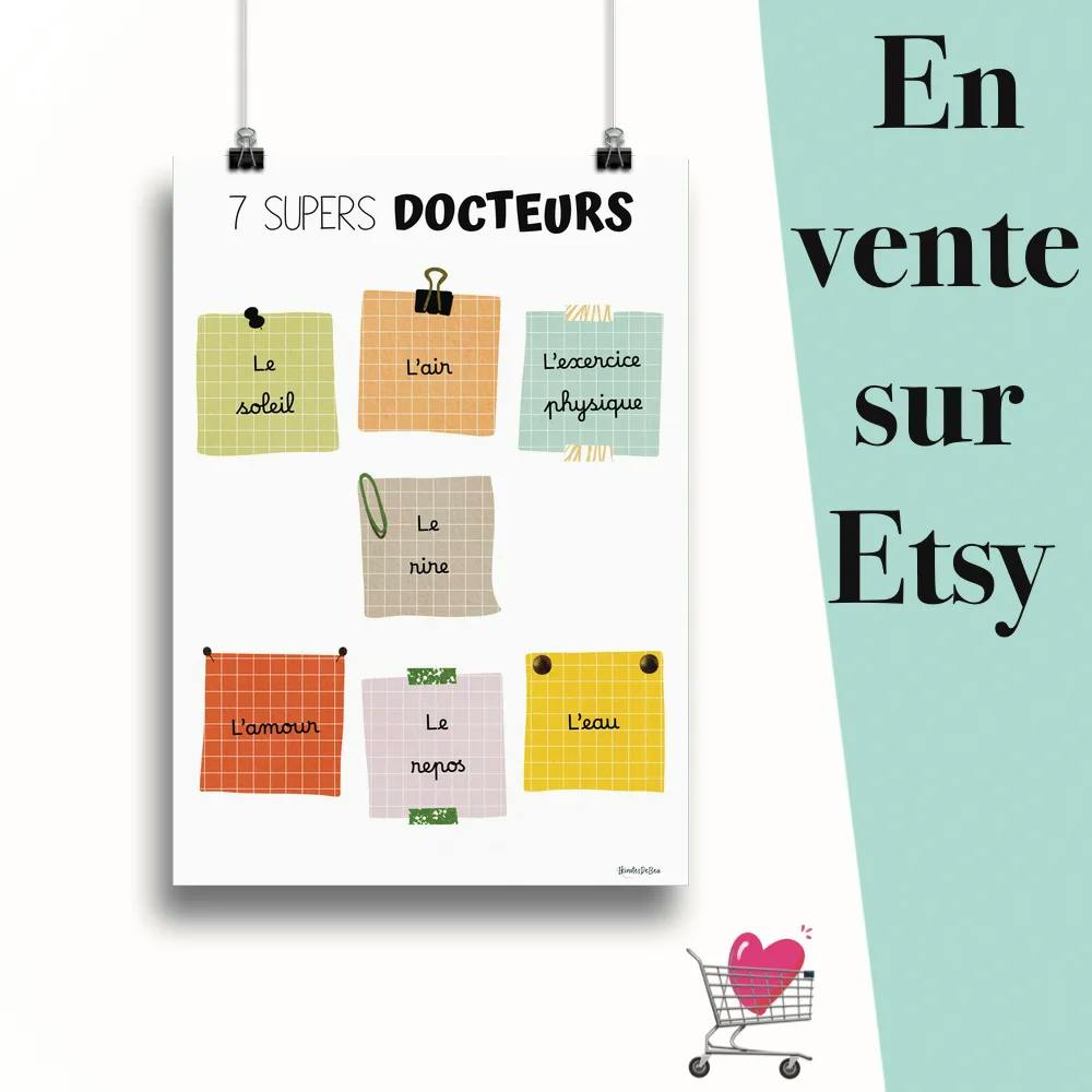 Affiche "Les sept supers docteurs couleur aqua spring" suspendu par des pinces avec le message en vente sur Etsy