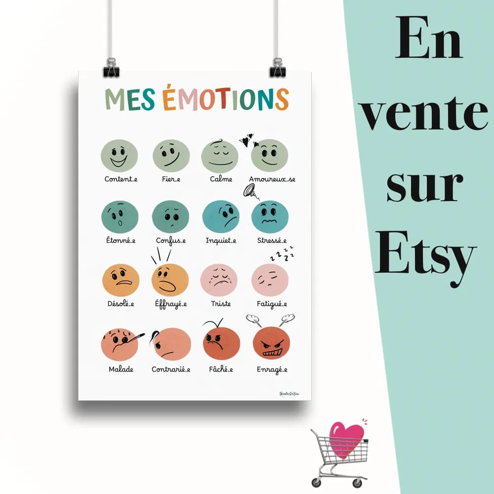 Affiche "Mes émotion couleurs Boho" suspendu par des pinces avec le message en vente sur Etsy