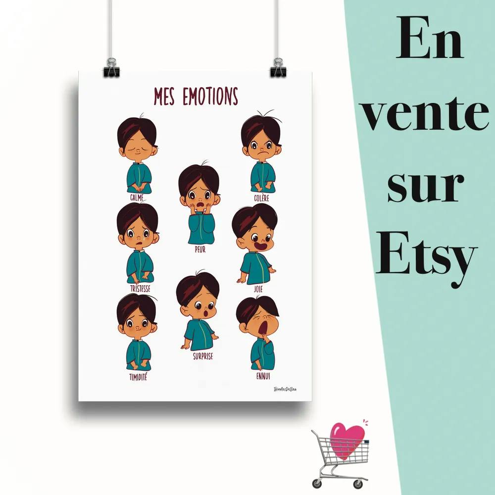 Affiche "Mes émotions garçon" suspendu par des pinces avec le message en vente sur Etsy