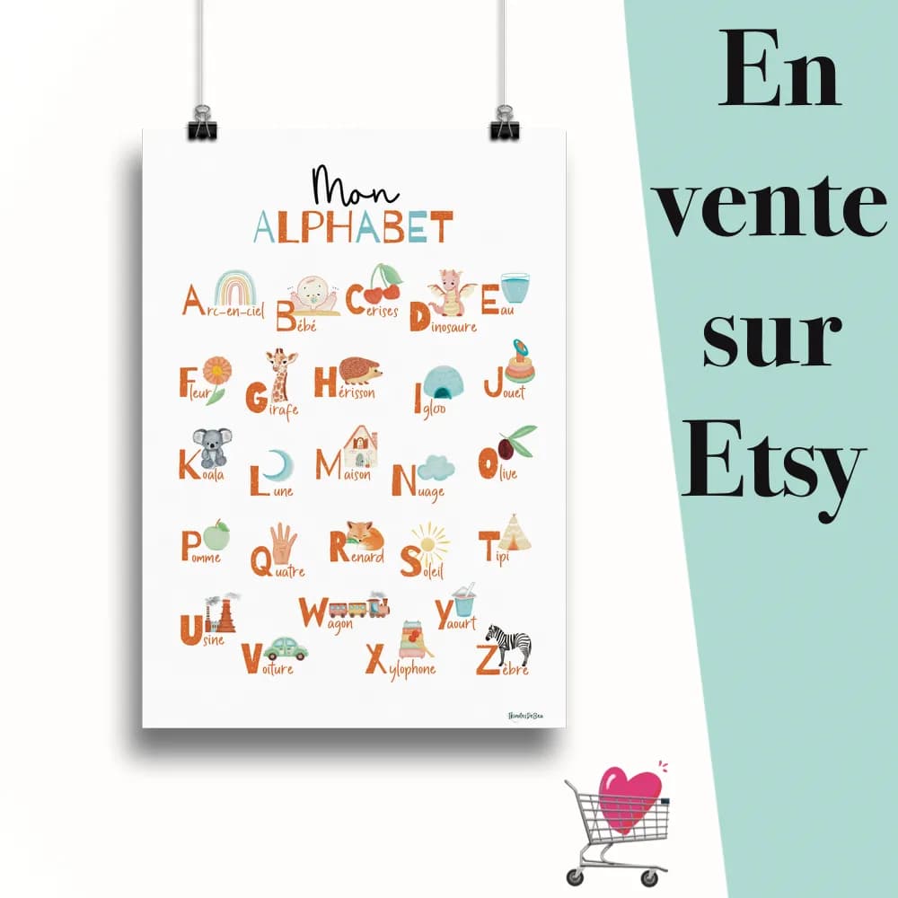 Affiche "Mon alphabet couleur Ocre" suspendu par des pinces avec le message en vente sur Etsy