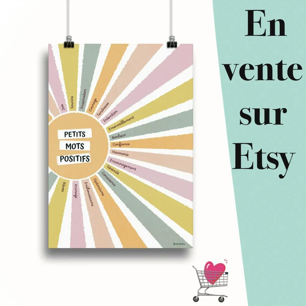 Affiche "Petits mots positifs aquarelle" suspendu par des pinces avec le message en vente sur Etsy
