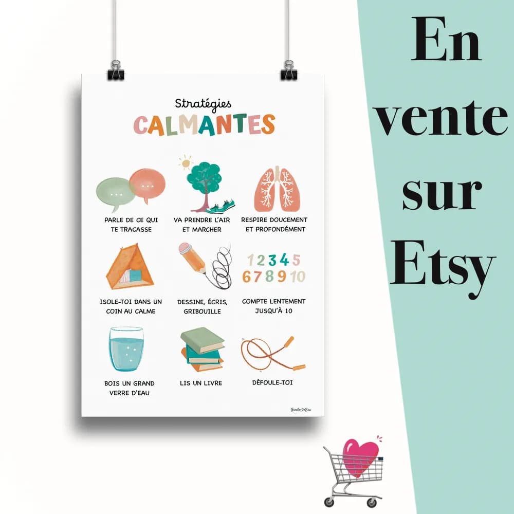 Affiche "Stratégies calmantes couleur Boho" suspendu par des pinces avec le message en vente sur Etsy