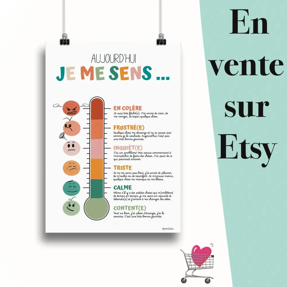 Affiche "Thermomètre des émotions boho" suspendu par des pinces avec le message en vente sur Etsy