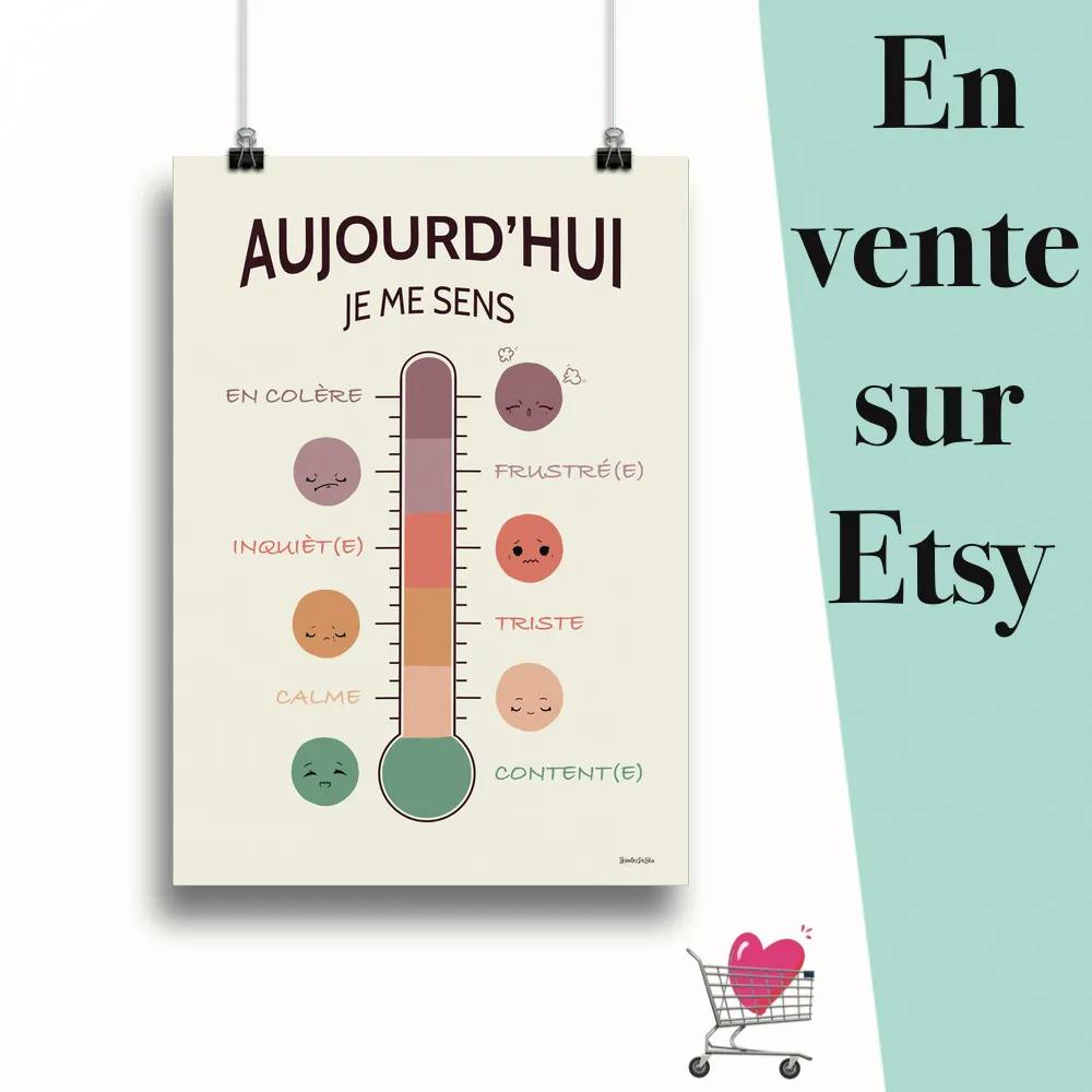 Affiche "Thermomètre des émotions pastel" suspendu par des pinces avec le message en vente sur Etsy