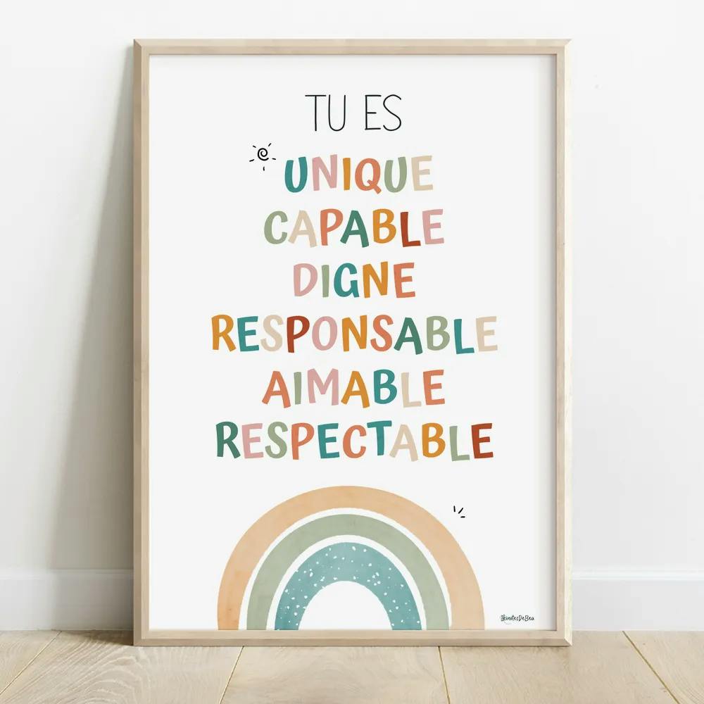 Affiche composé de texte coloré aux couleurs boho qui énumère des affirmations positive pour enfants