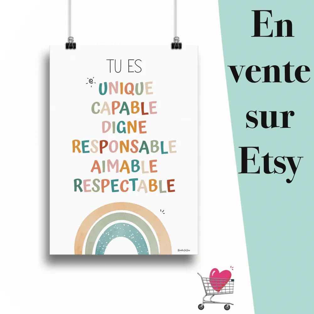 Affiche "Tu es couleru boho" suspendu par des pinces avec le message en vente sur Etsy