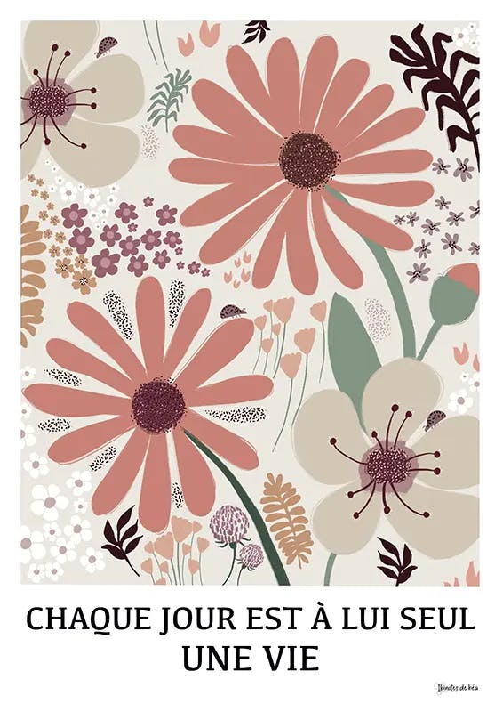 Illustration dessinée à la main en couleurs pastel d'une multitude de fleurs et plantes de différentes taille et forme