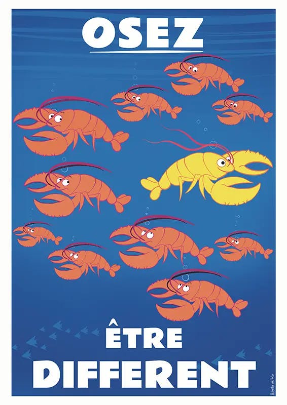 Illustration de homards rouges allant dans la même direction à l'exception d'un seul jaune au centre pour illustrer le message "osez être différent"