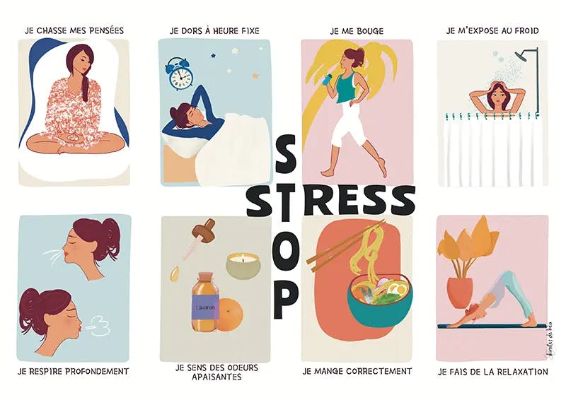Infographie montrant huit méthodes simples pour lutter contre le stress