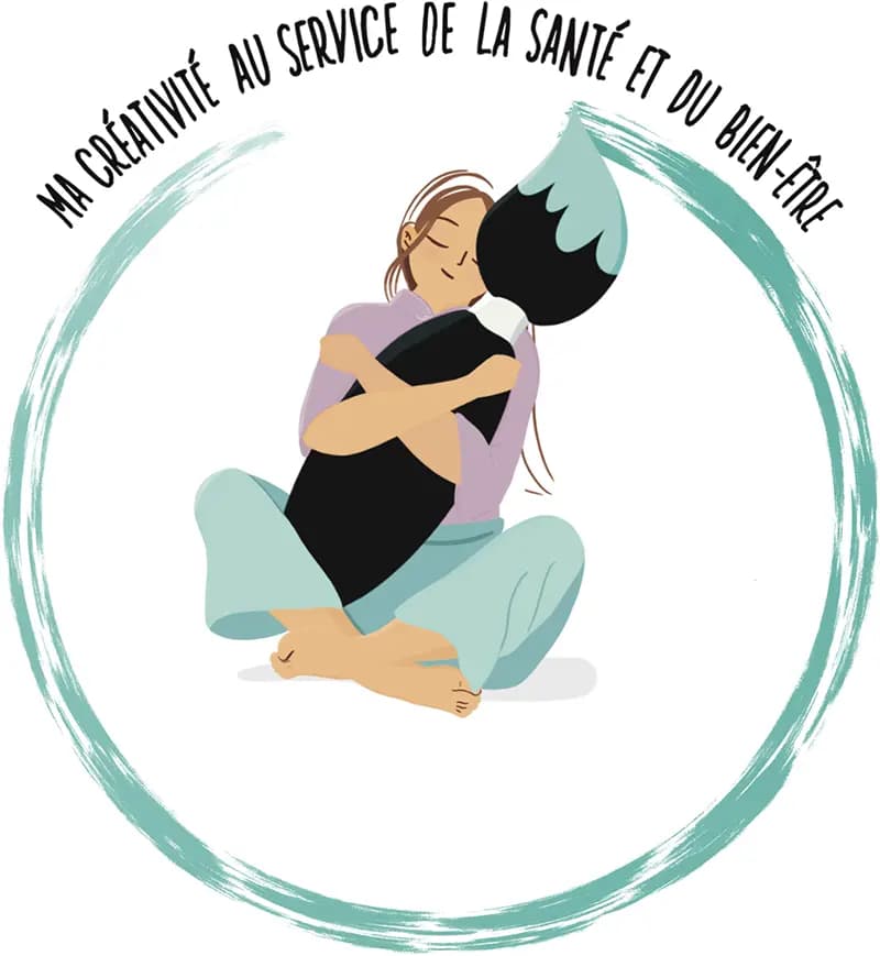Spécialité de Béatrice Dessin d'une fille qui serre dans ses bras un pinceau qui semble dessiner un cercle de peinture vert autour d'elle