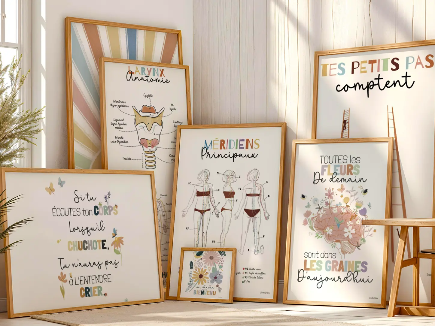 Six illustrations encadrées (fleurs, schémas anatomiques et citations en français) accrochées sur un mur beige dans un salon lumineux avec canapé et plante verte