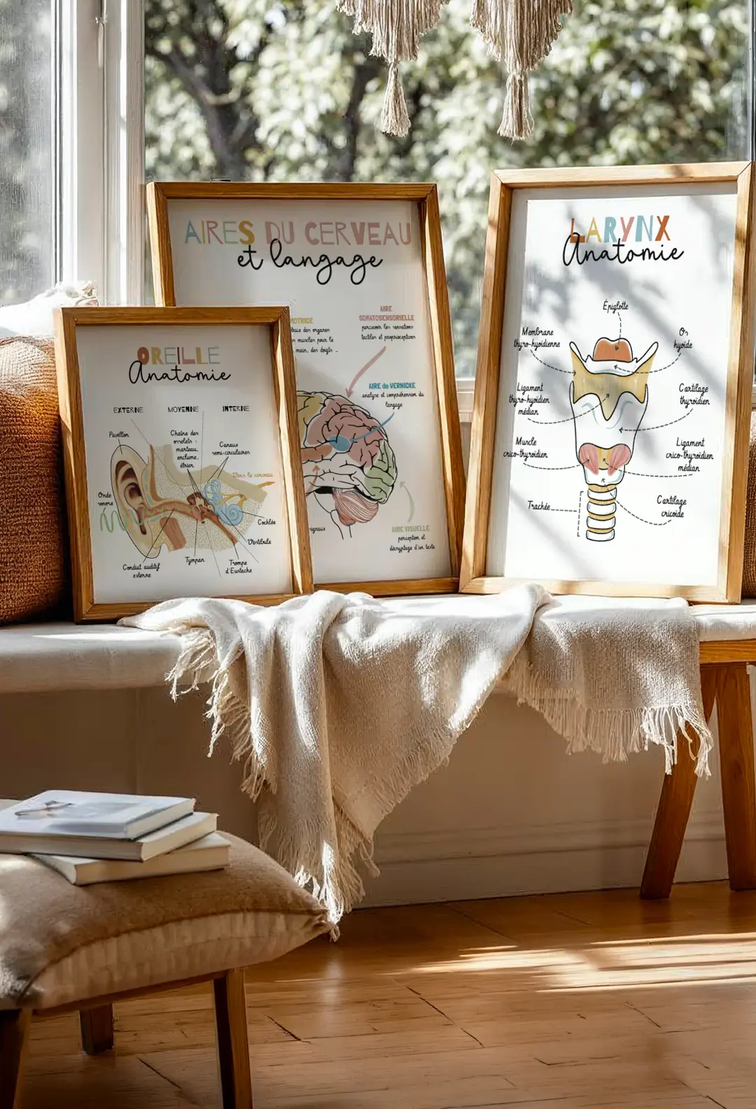 Photo de trois affiches posées sur un canapé dans une ambiance d’automne