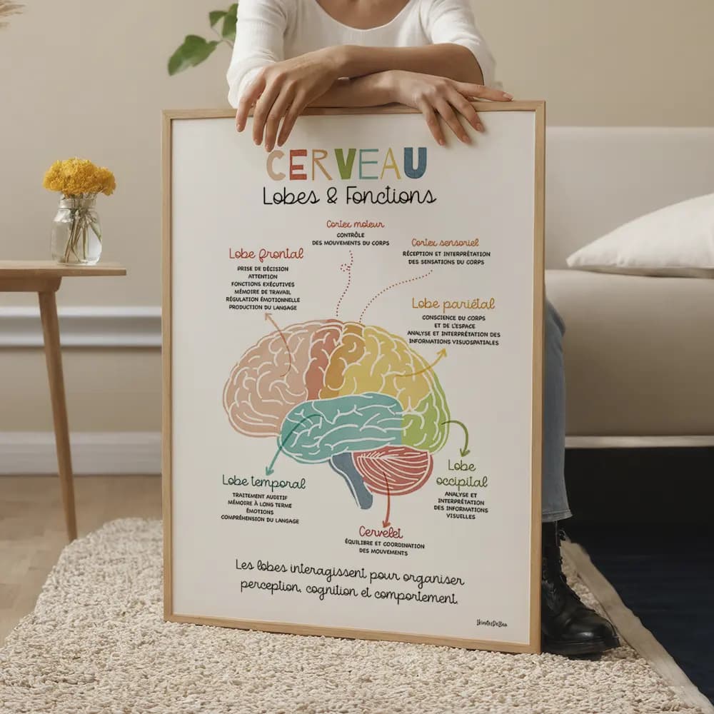 Cerveau lobes et fonctions Illustration d’un cerveau multicolore montrant chaque lobes et ses fonctions, avec formes nettes et zones bien différenciées.