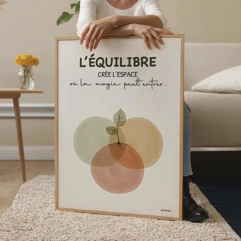 L'équilibre crée l'espace où la magie peut entrer Trois cercles vert, jaune et orange se croisent. Au centre, une jeune plante pousse.