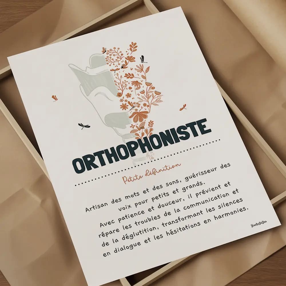 Définition orthophoniste Dessin d'un larynx dont la moitié droite est composée de fleurs avec la définition de l'orthophoniste.